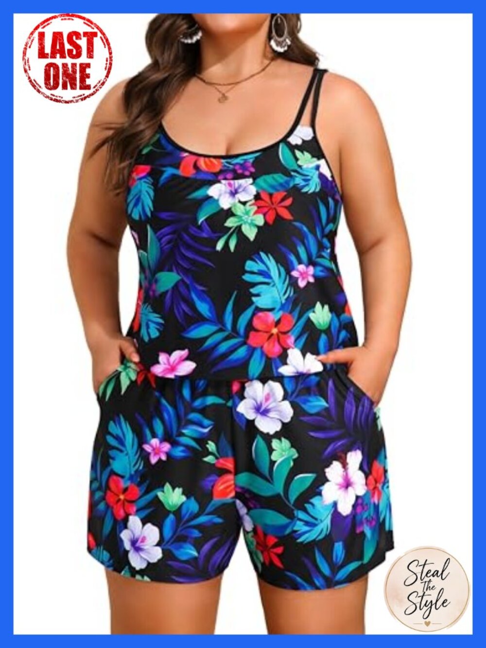 Plus Size Full Coverage One Piece Swim Romper with Boyshorts and Pockets for